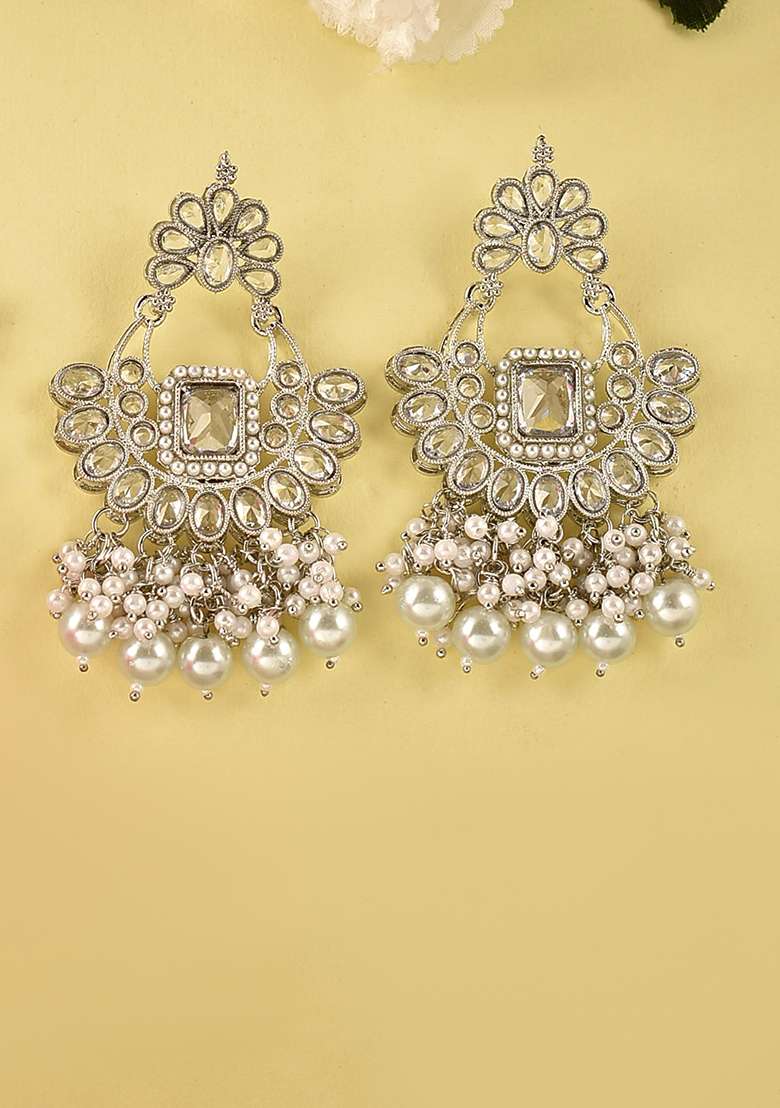 Silver White Silver Tone Polki Kundan Earring And Tika - Indya