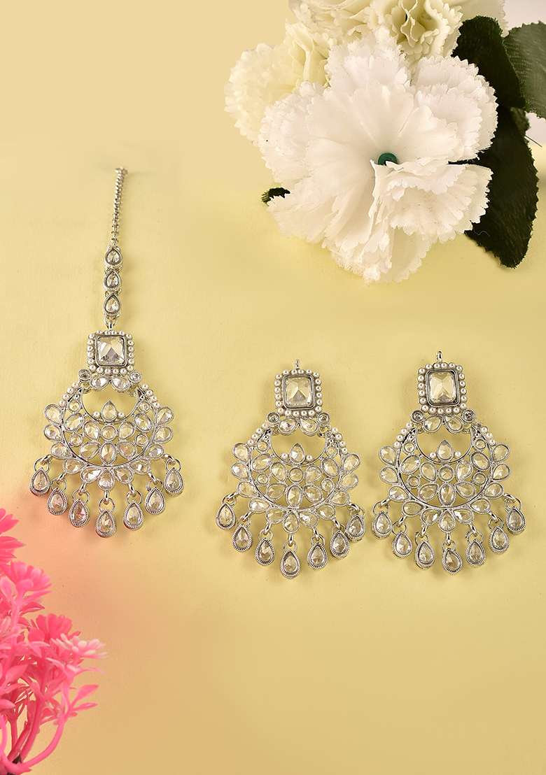 Silver White Silver Tone Polki Kundan Earring And Tika - Indya