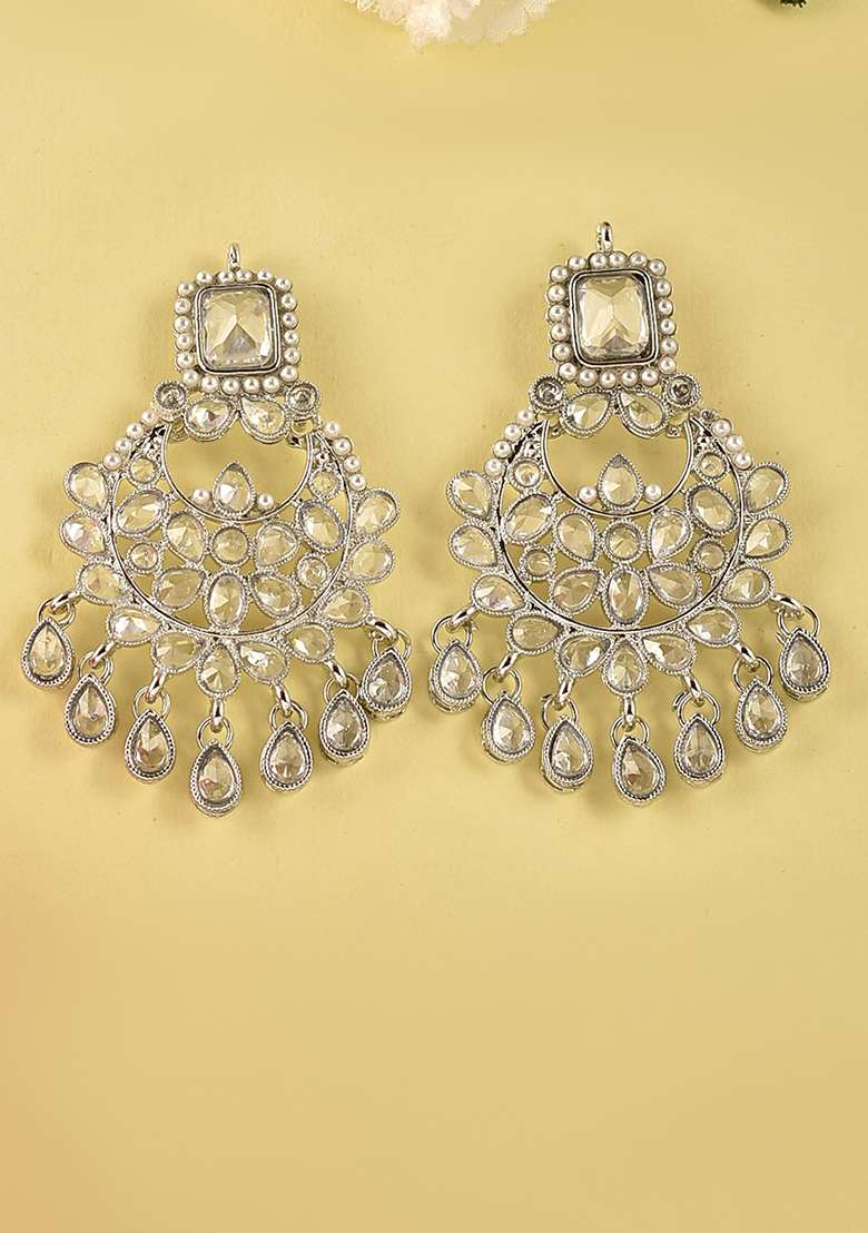 Silver White Silver Tone Polki Kundan Earring And Tika - Indya