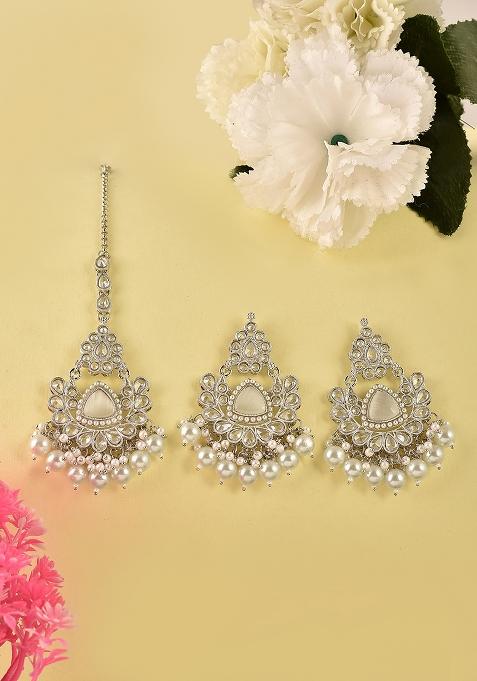 Silver White Silver Tone Polki Kundan Earring And Tika