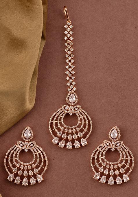 Golden White American Diamond Earring And Tika