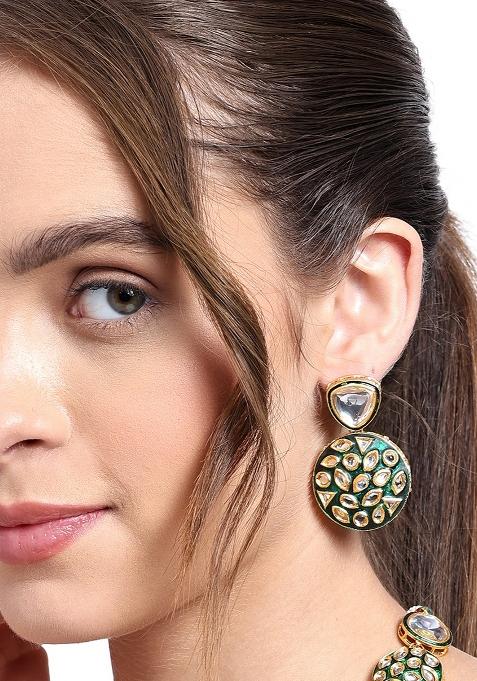 Gold Plated Green Jadau Polki Earrings