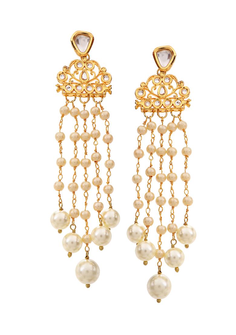 Gold Plated Kundan And Pearl Cascade Earrings