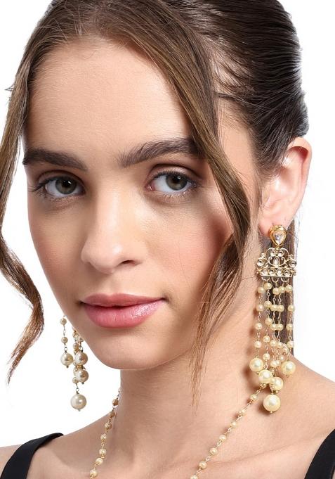 Gold Plated Kundan And Pearl Cascade Earrings