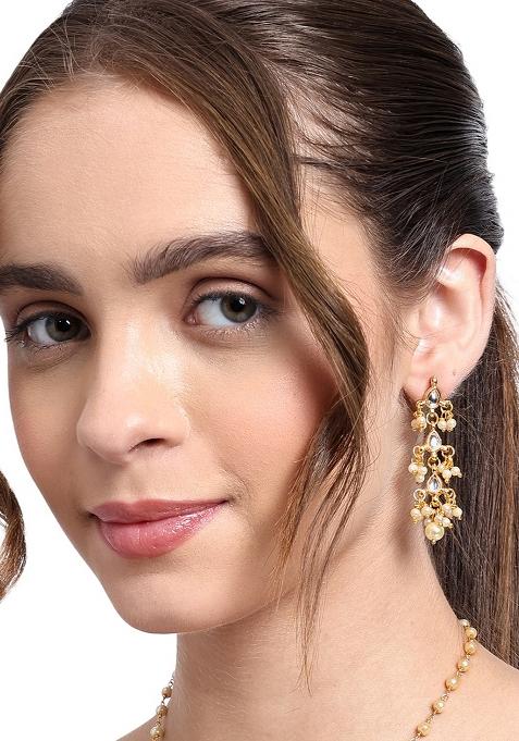 Gold Plated Kundan Drops Pearl Earrings
