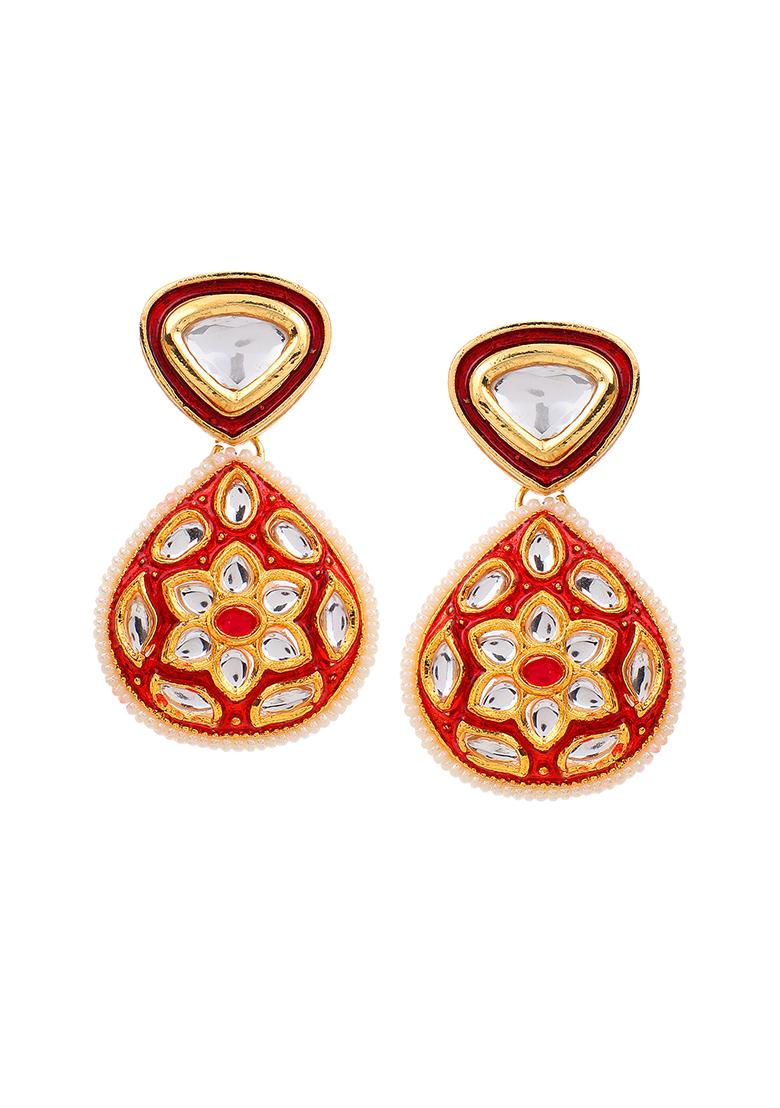 Gold Plated Red Jadau Kundan Earrings 