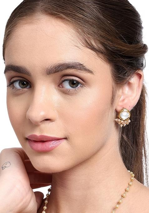Gold Plated Oval Kundan Pearl Earrings