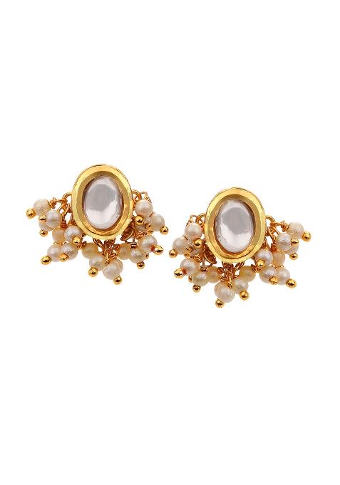 Gold Plated Oval Kundan Pearl Earrings