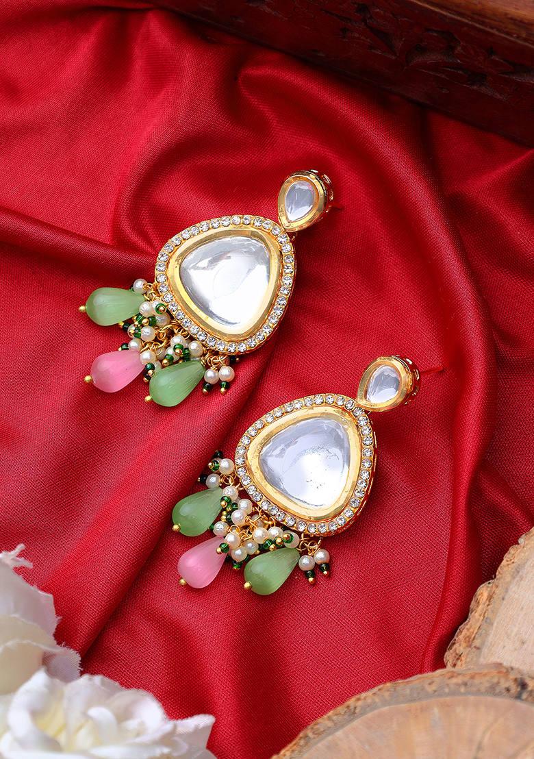 Polki Drop Earrings Green And Pink
