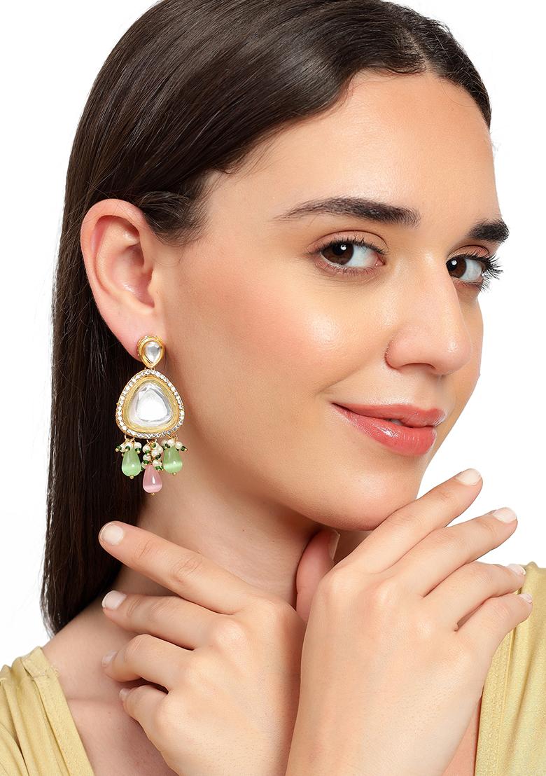 Polki Drop Earrings Green And Pink
