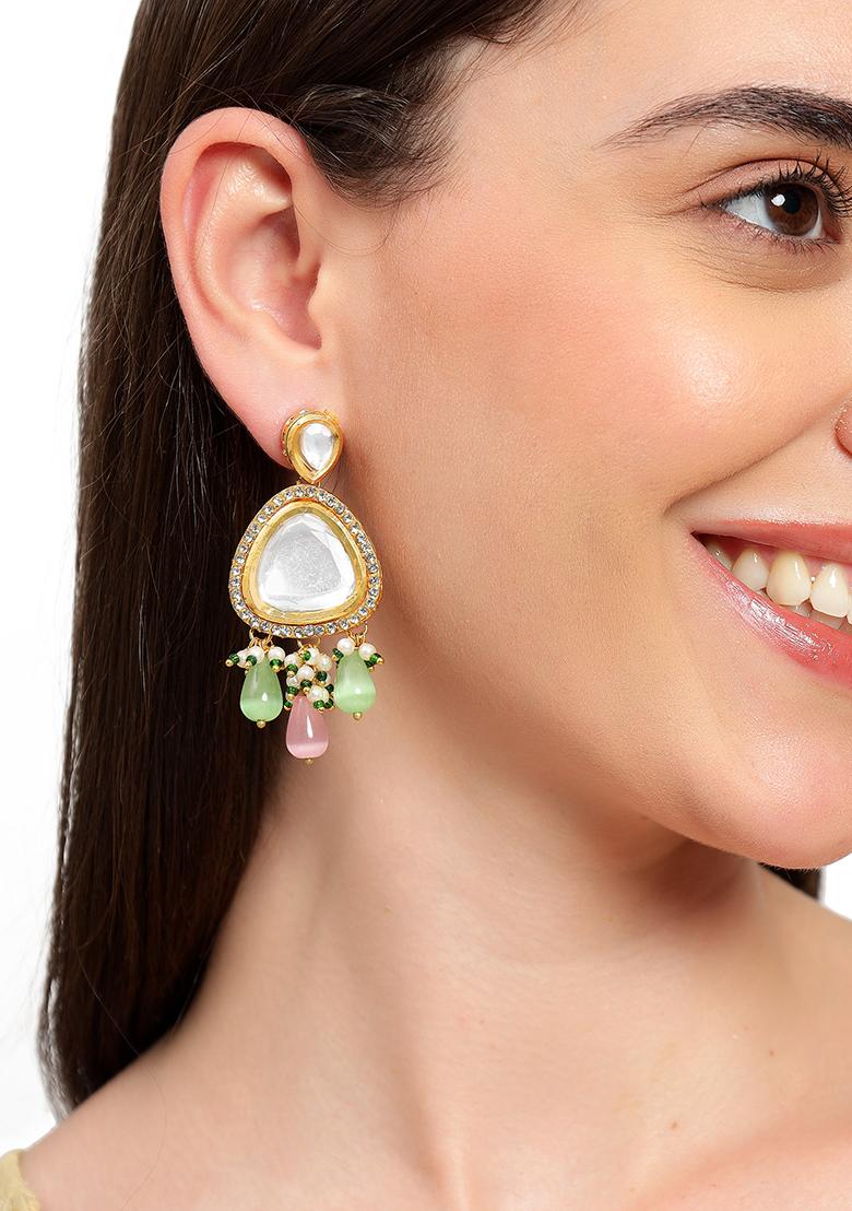 Polki Drop Earrings Green And Pink