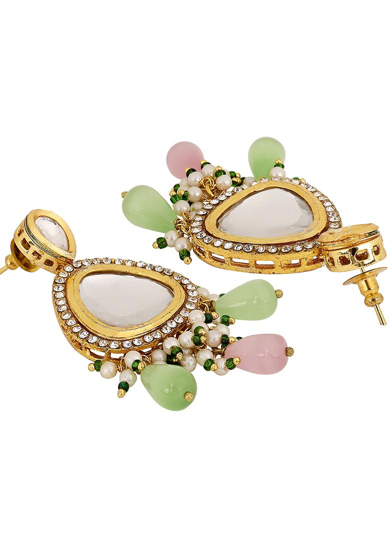 Polki Drop Earrings Green And Pink