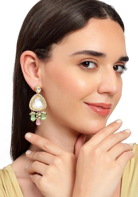 Polki Drop Earrings Green And Pink