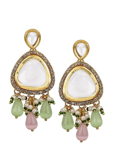 Polki Drop Earrings Green And Pink