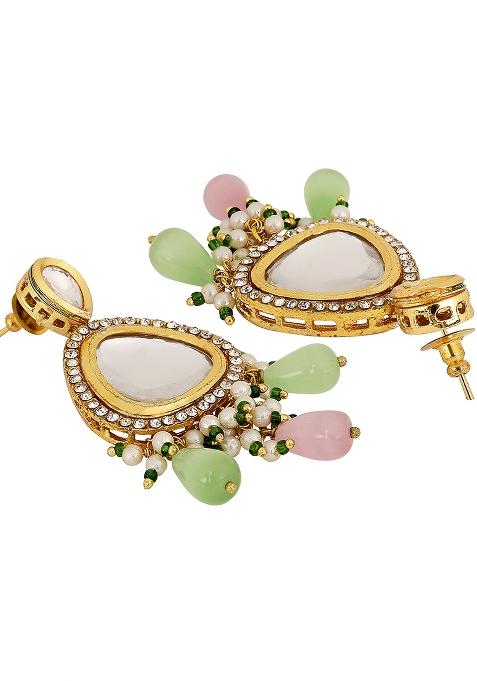 Polki Drop Earrings Green And Pink
