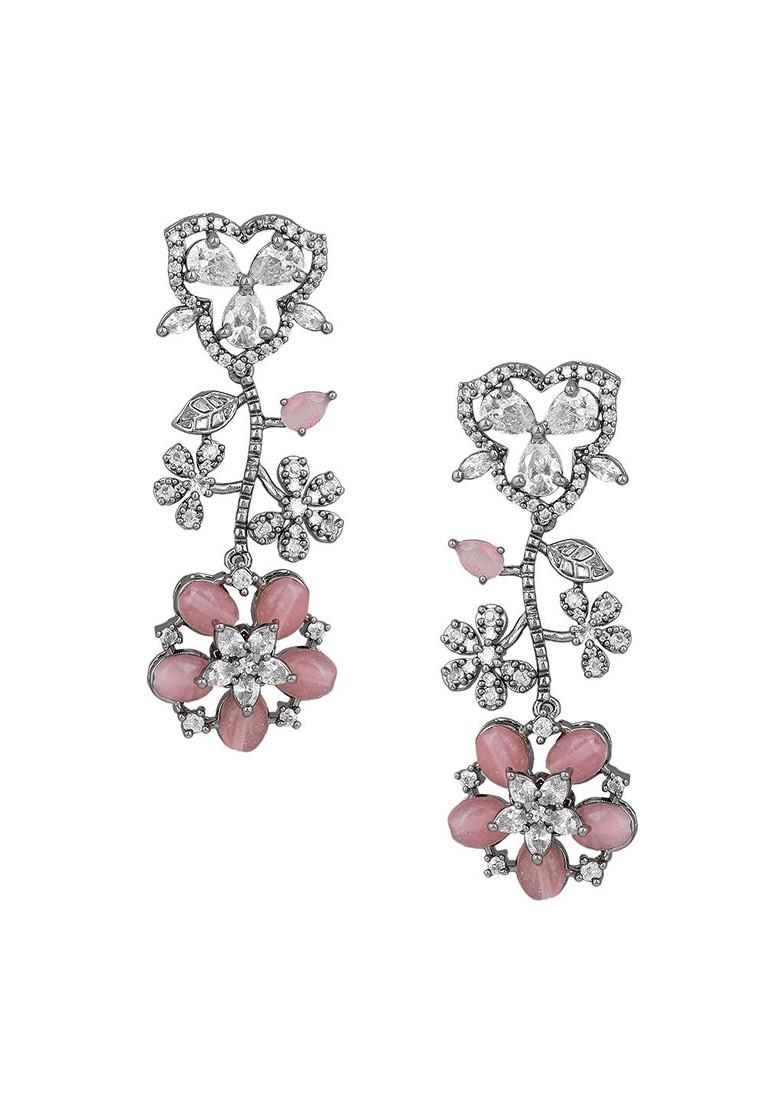 Pink Studded Rhodium Plated Earrings