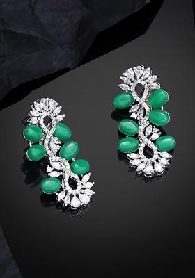 Green Studded Rhodium Plated Earrings