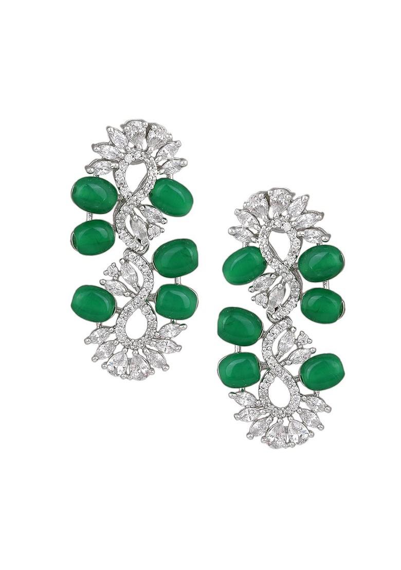 Green Studded Rhodium Plated Earrings