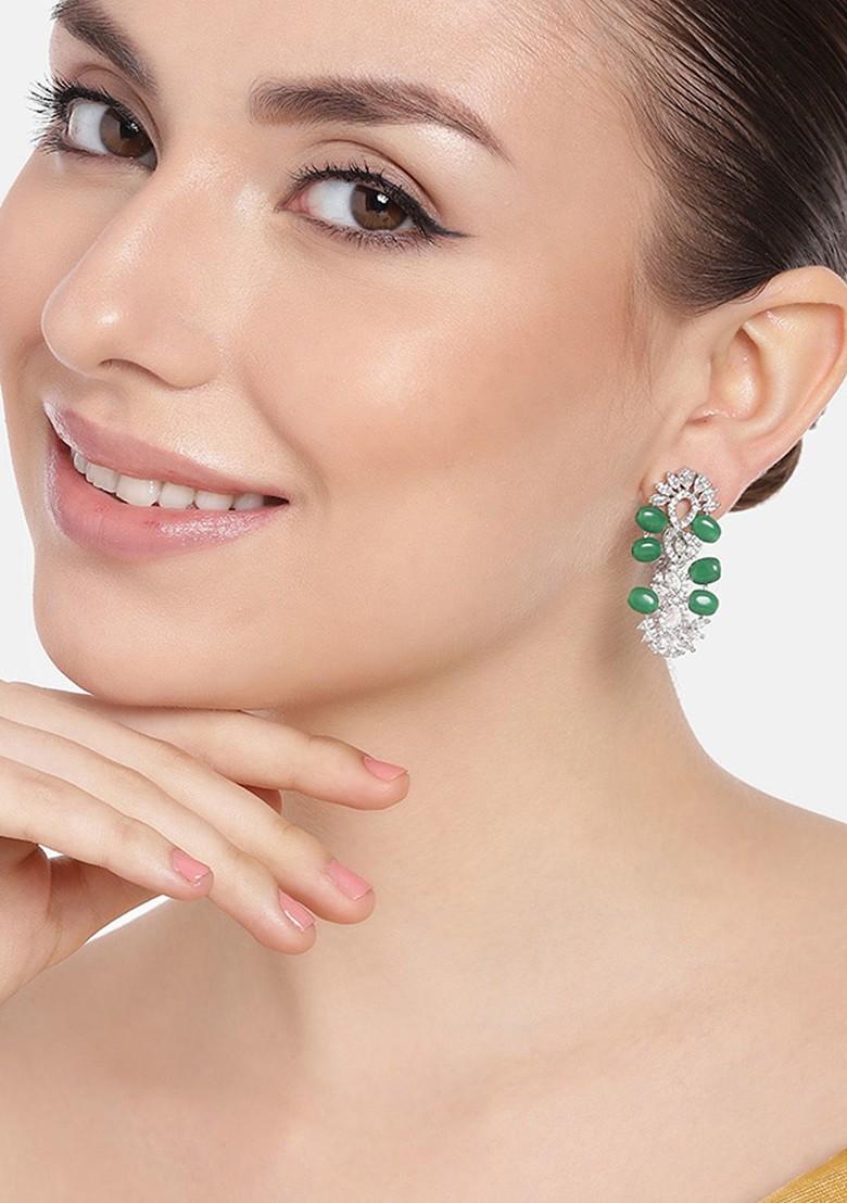 Green Studded Rhodium Plated Earrings