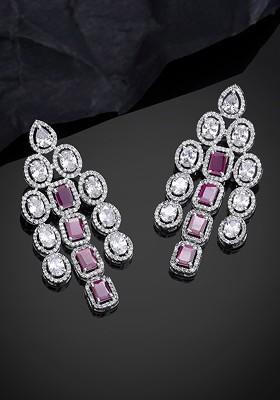 Pink Studded Rhodium Plated Earrings