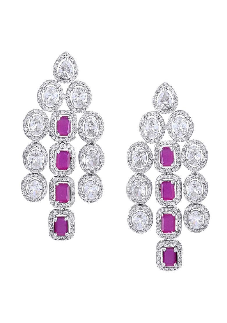 Pink Studded Rhodium Plated Earrings