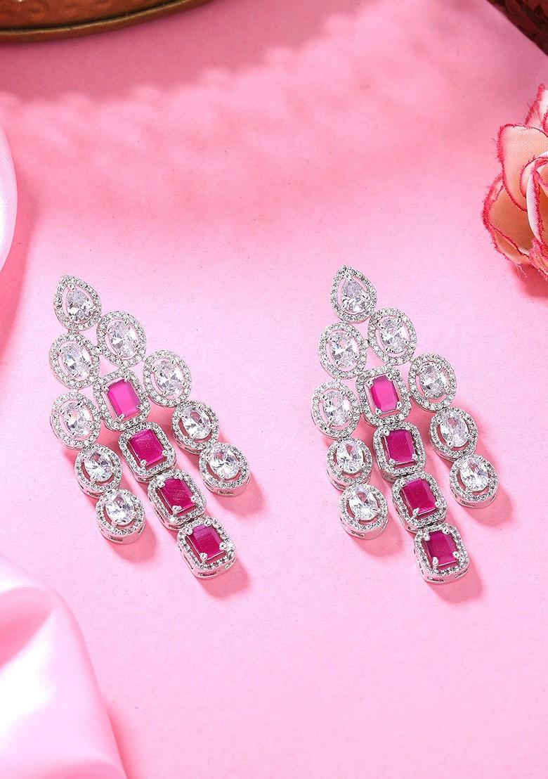Pink Studded Rhodium Plated Earrings