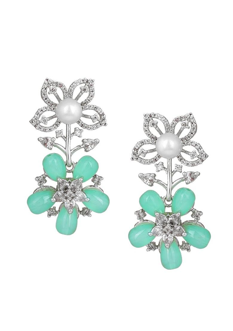 Sea Green Studded Rhodium Plated Earrings
