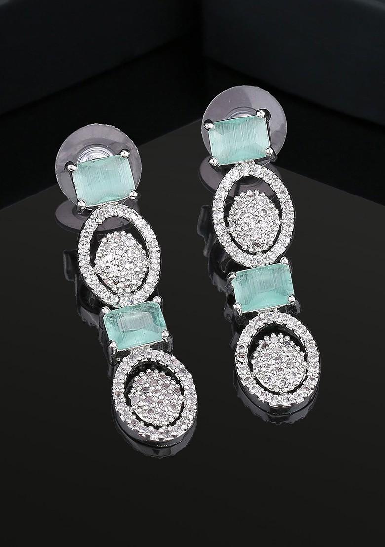 Lime Green Studded Rhodium Plated Earrings