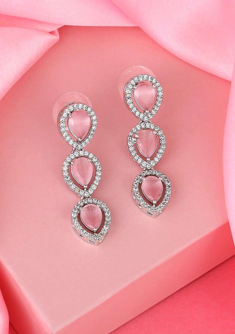 Silver Teardrop Shaped Rhodium Plated Earrings - Indya