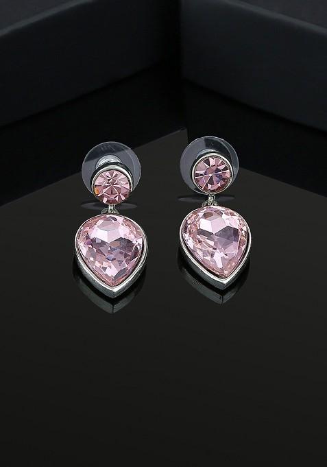 Pink Teardrop Shaped Rhodium Plated Earrings