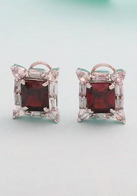 Maroon Studded Rhodium Plated Earrings