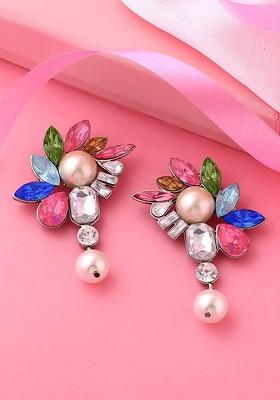 White Studded Rhodium Plated Earrings