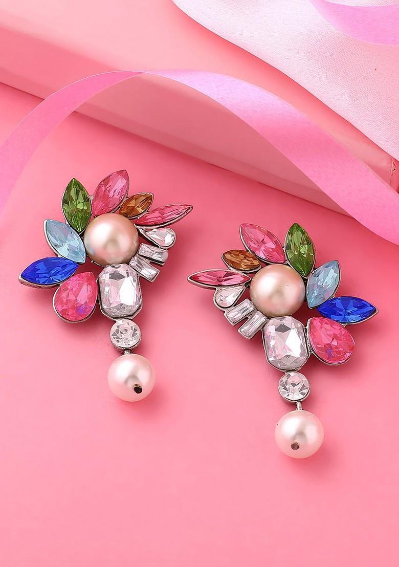 White Studded Rhodium Plated Earrings