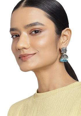 Navy Blue Studded Rhodium Plated Earrings