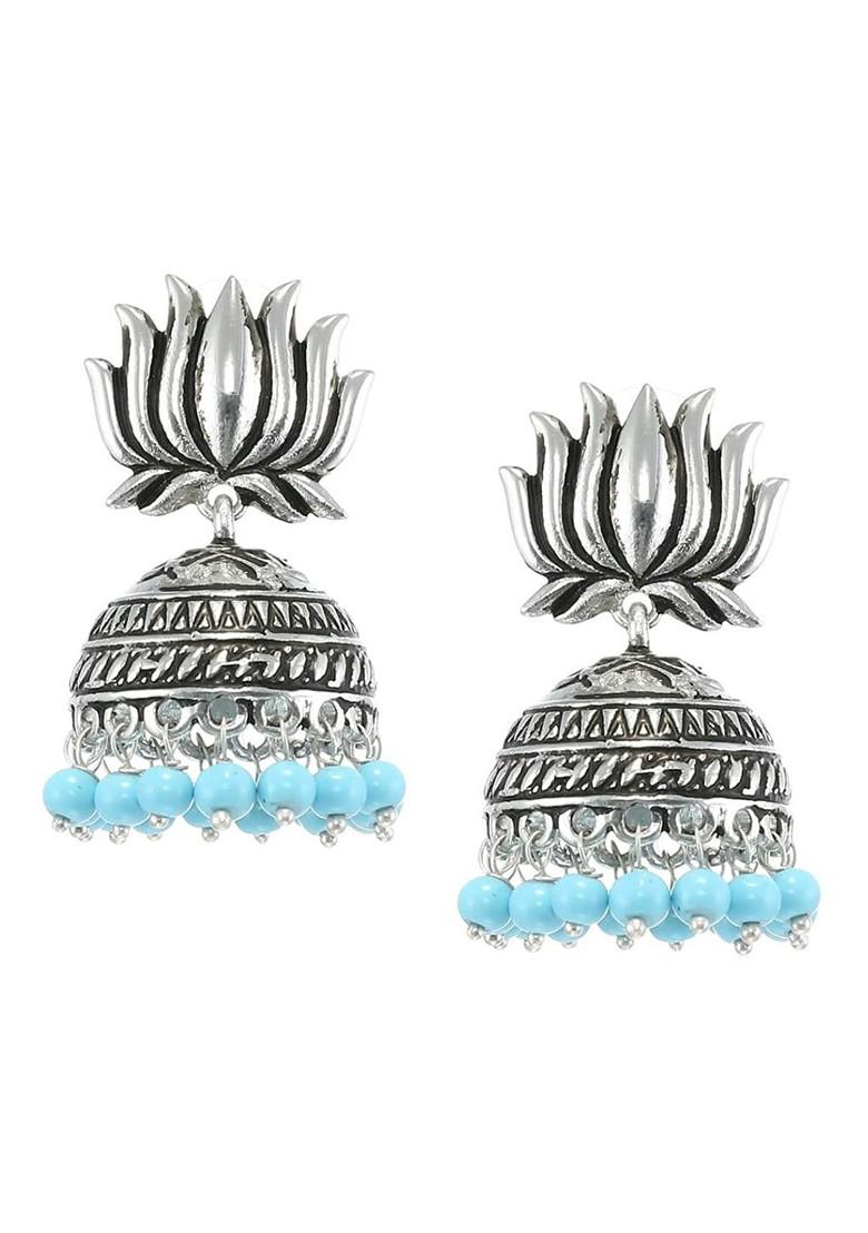Navy Blue Studded Rhodium Plated Earrings