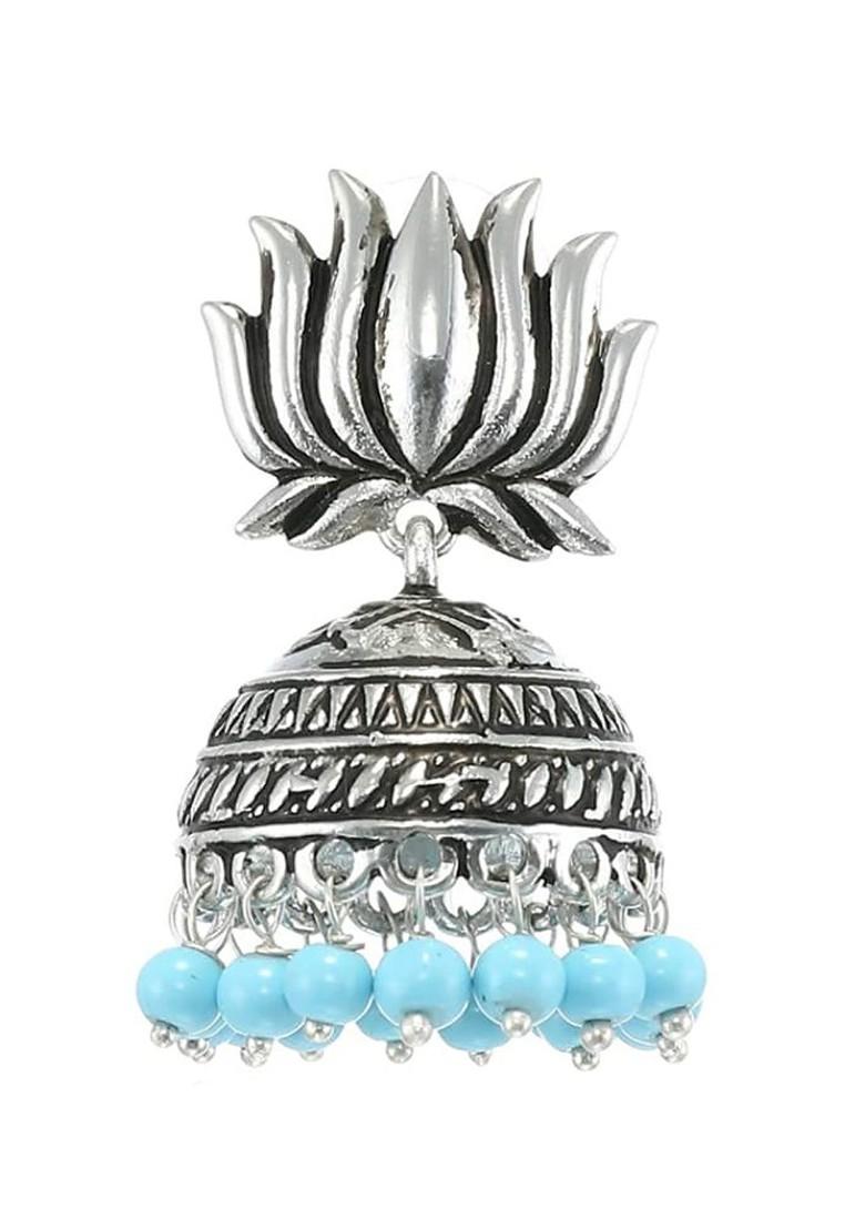 Navy Blue Studded Rhodium Plated Earrings