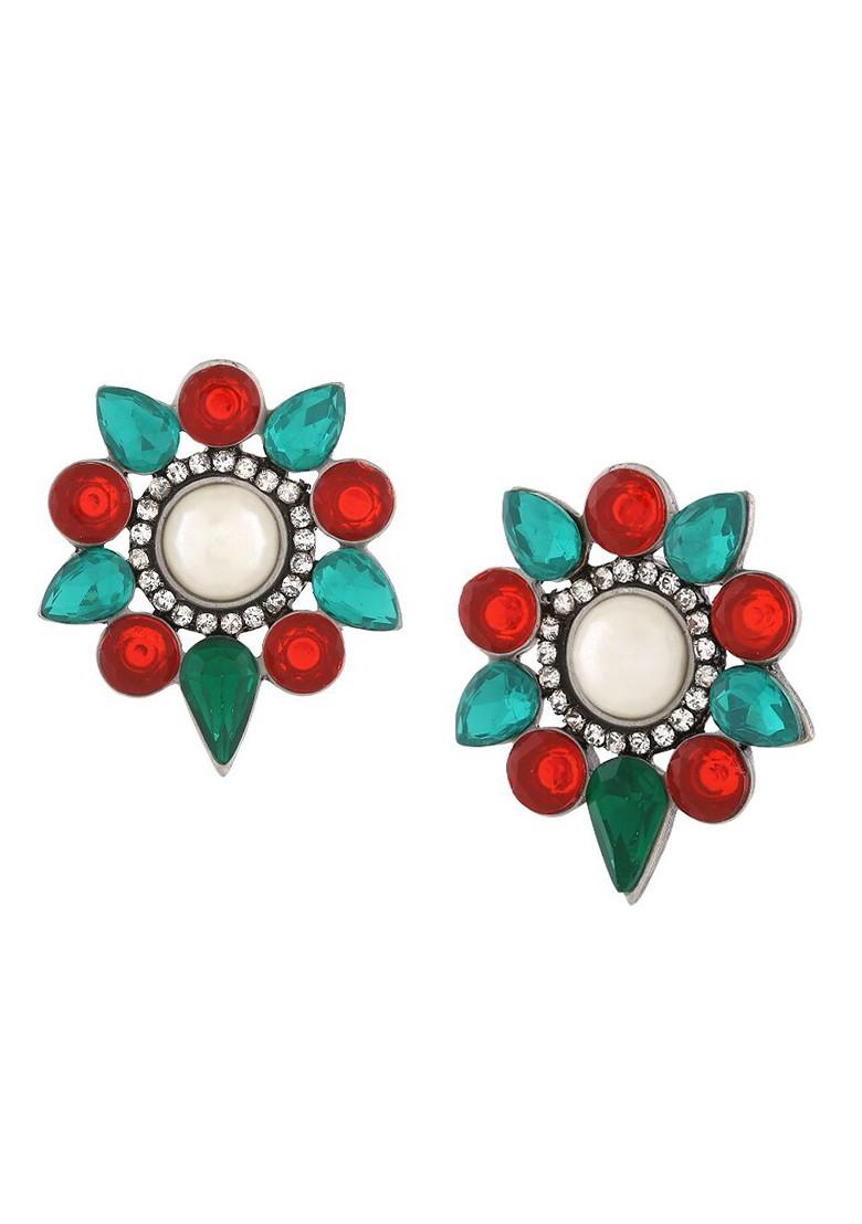 White Studded Rhodium Plated Earrings