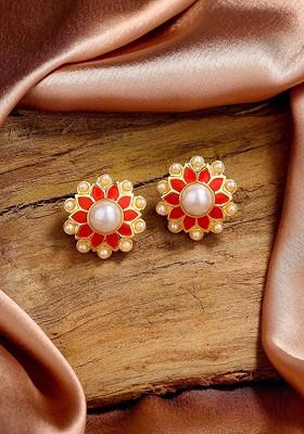Red Studded Gold Plated Earrings