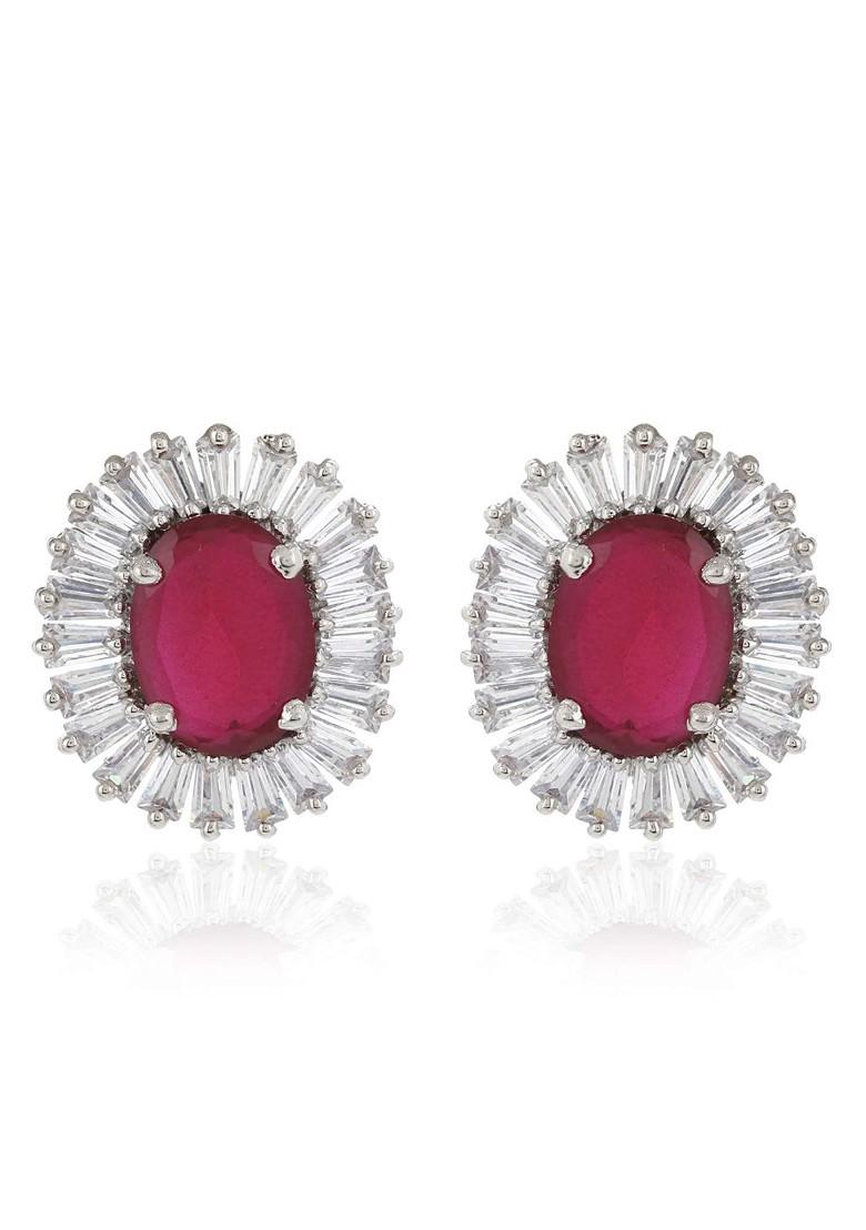 Pink Studded Rhodium Plated Earrings