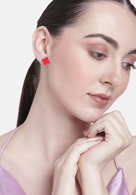 Red Studded Rhodium Plated Earrings