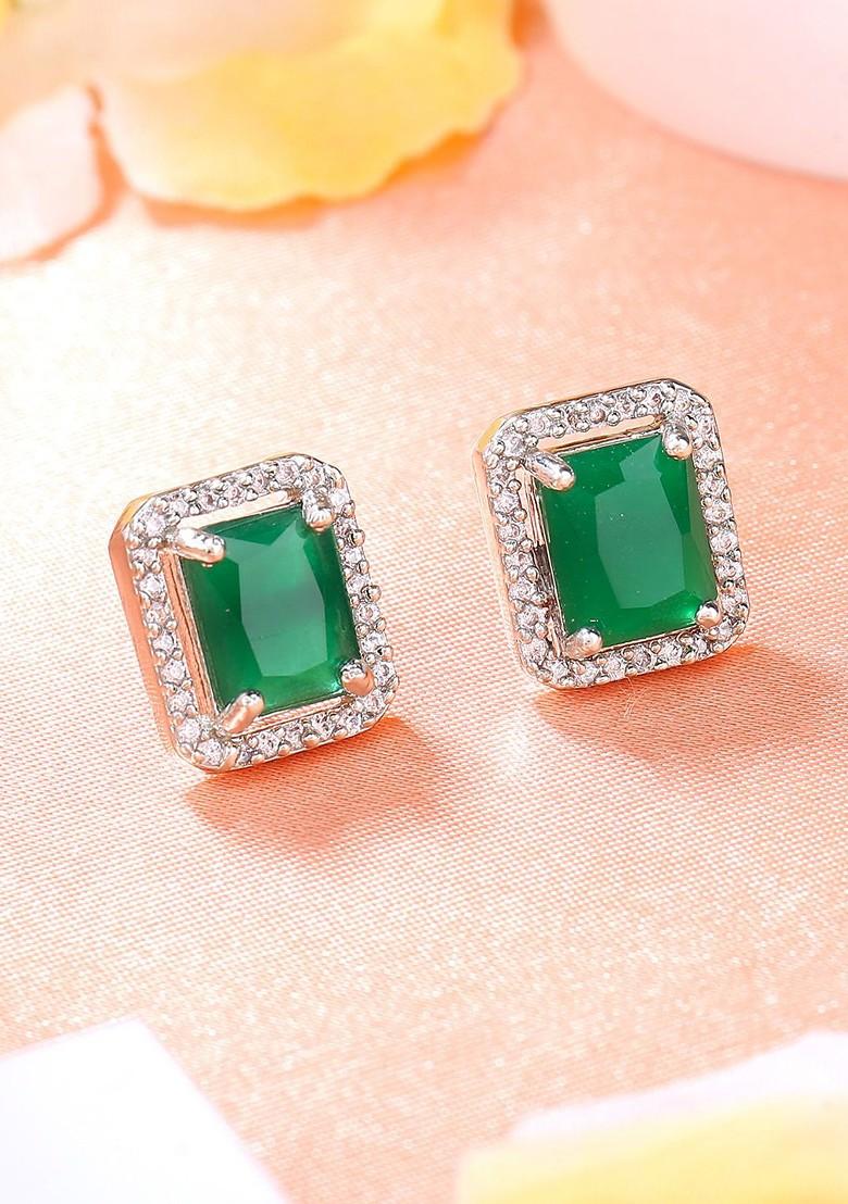 Green Studded Rhodium Plated Earrings