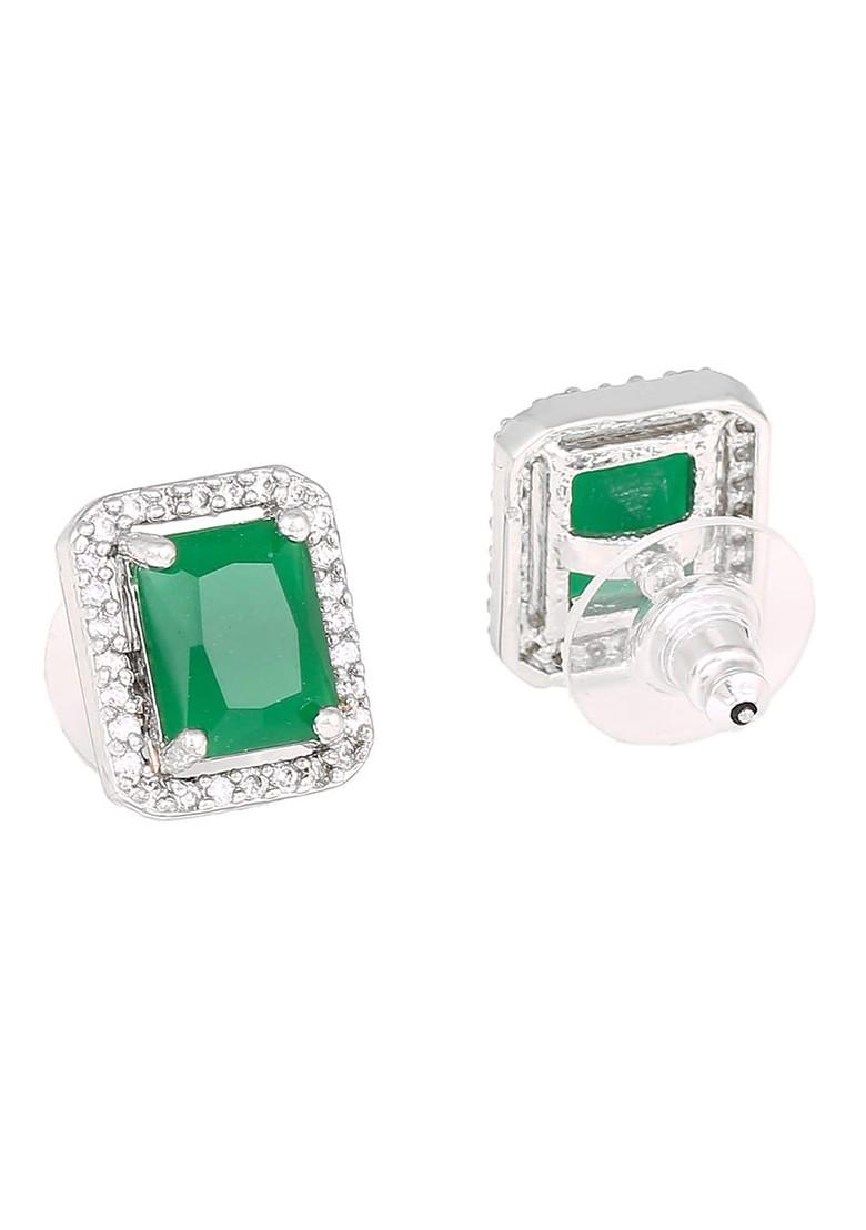 Green Studded Rhodium Plated Earrings