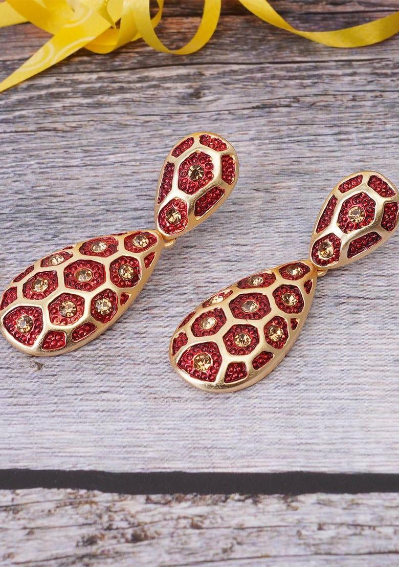 Red Teardrop Shaped Gold Plated Earrings