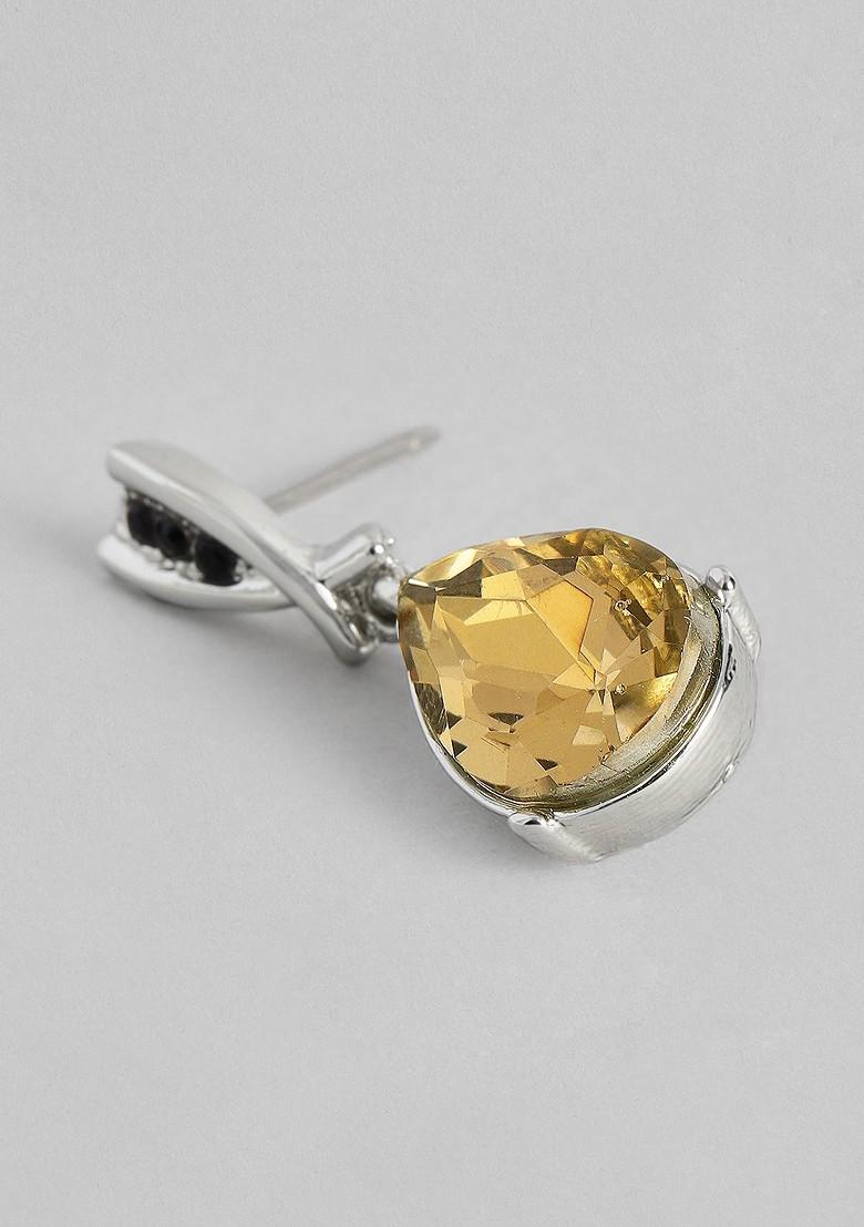 Yellow Teardrop Shaped Rhodium Plated Earrings