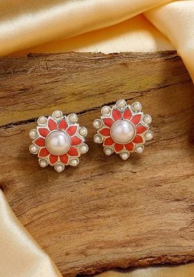 Pink Studded Rhodium Plated Earrings