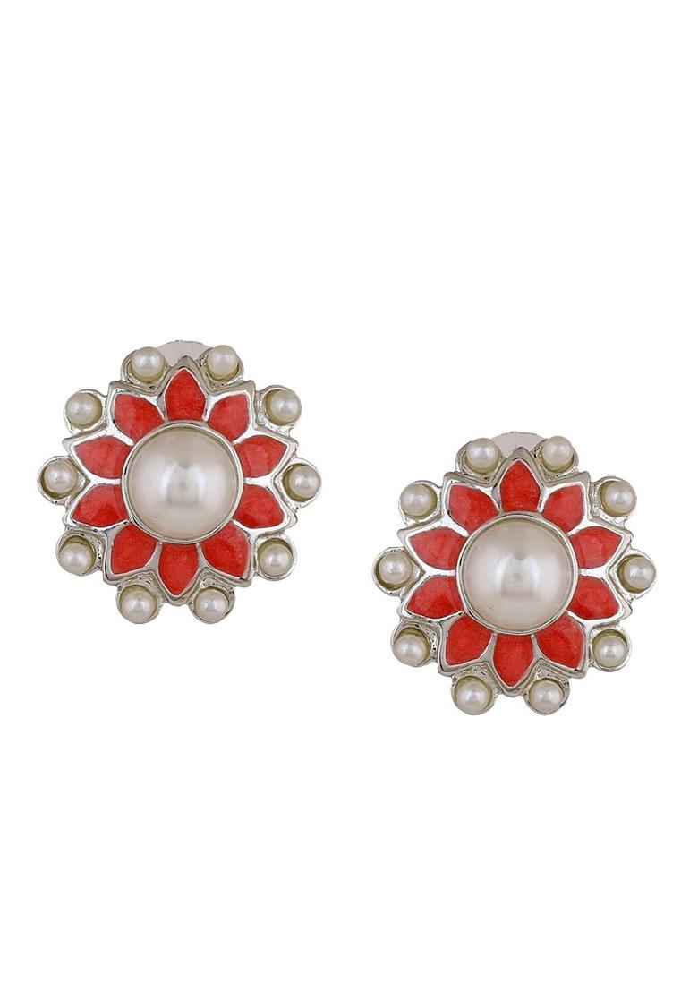 Pink Studded Rhodium Plated Earrings