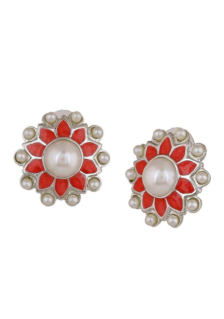 Pink Studded Rhodium Plated Earrings