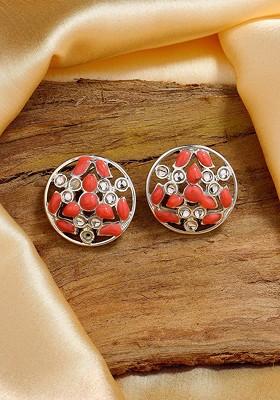 Pink Studded Rhodium Plated Earrings