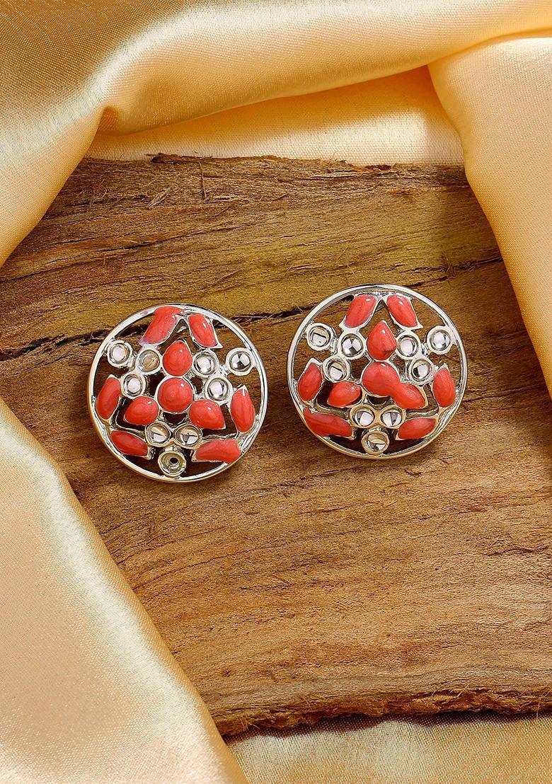 Pink Studded Rhodium Plated Earrings