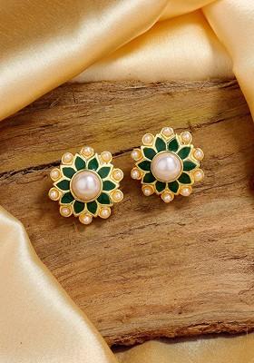 Green Studded Gold Plated Earrings